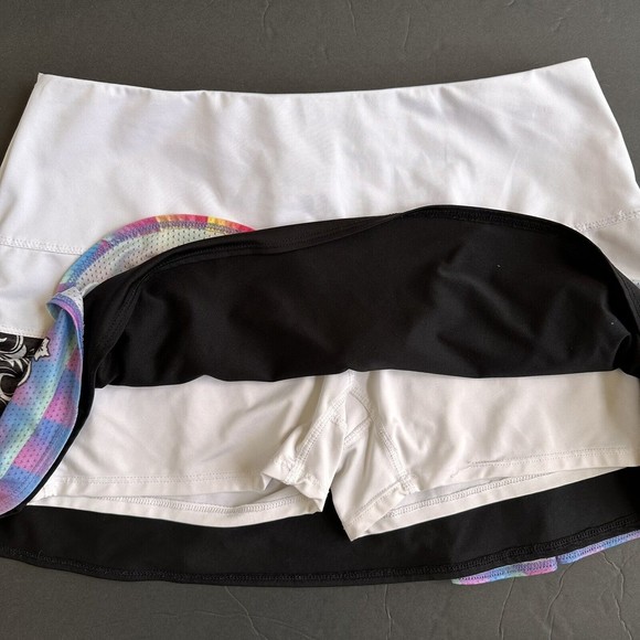 Lucky In Love Sport Skorts Skirt Tennis Womens L White Floral Pixel Flounce - Picture 3 of 5
